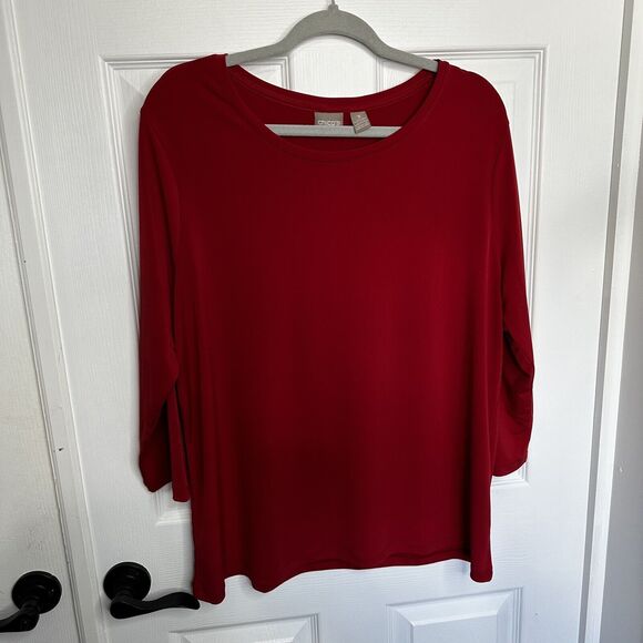 Chicos Size 3 Pullover Red Round Neck Knit 3/4 Sleeve Travel Friendly Large - Picture 1 of 7
